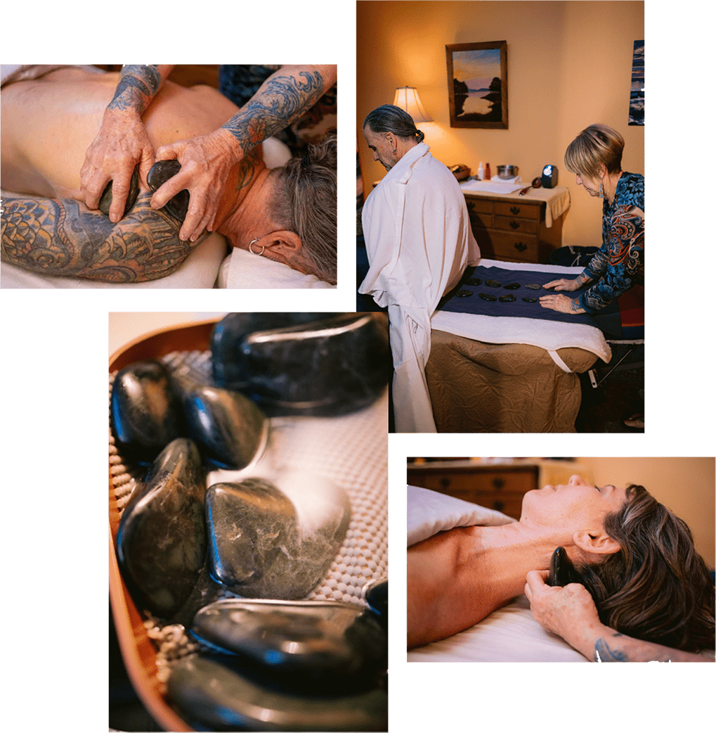 LaStone Massage Therapy Images Collage of LaStone Massage therapy at Healing Solutions Massage & Restorative Therapies. Images feature massage therapist Maggie using heated basalt stones on a tattooed client’s back and neck, a client receiving treatment in a calming massage room, and a close-up of smooth, black massage stones.